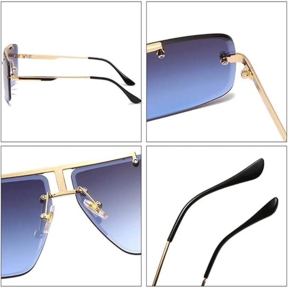 Men Rimless Square‎ Sunglasses Gradient Blue Lens Gold Frame Oversized Fashion